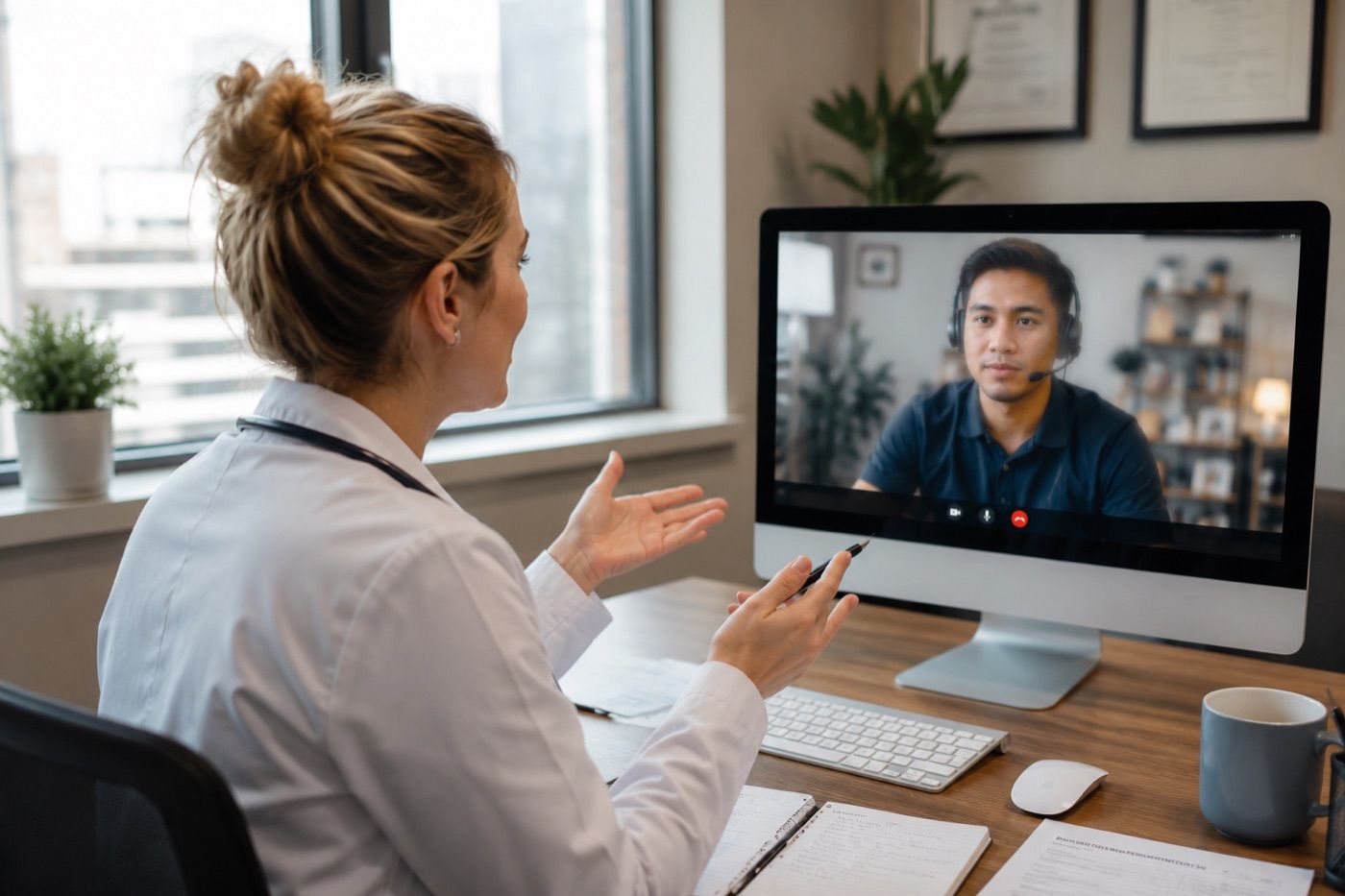 An Australian clinician on a video call with a Remie team member wearing a headset